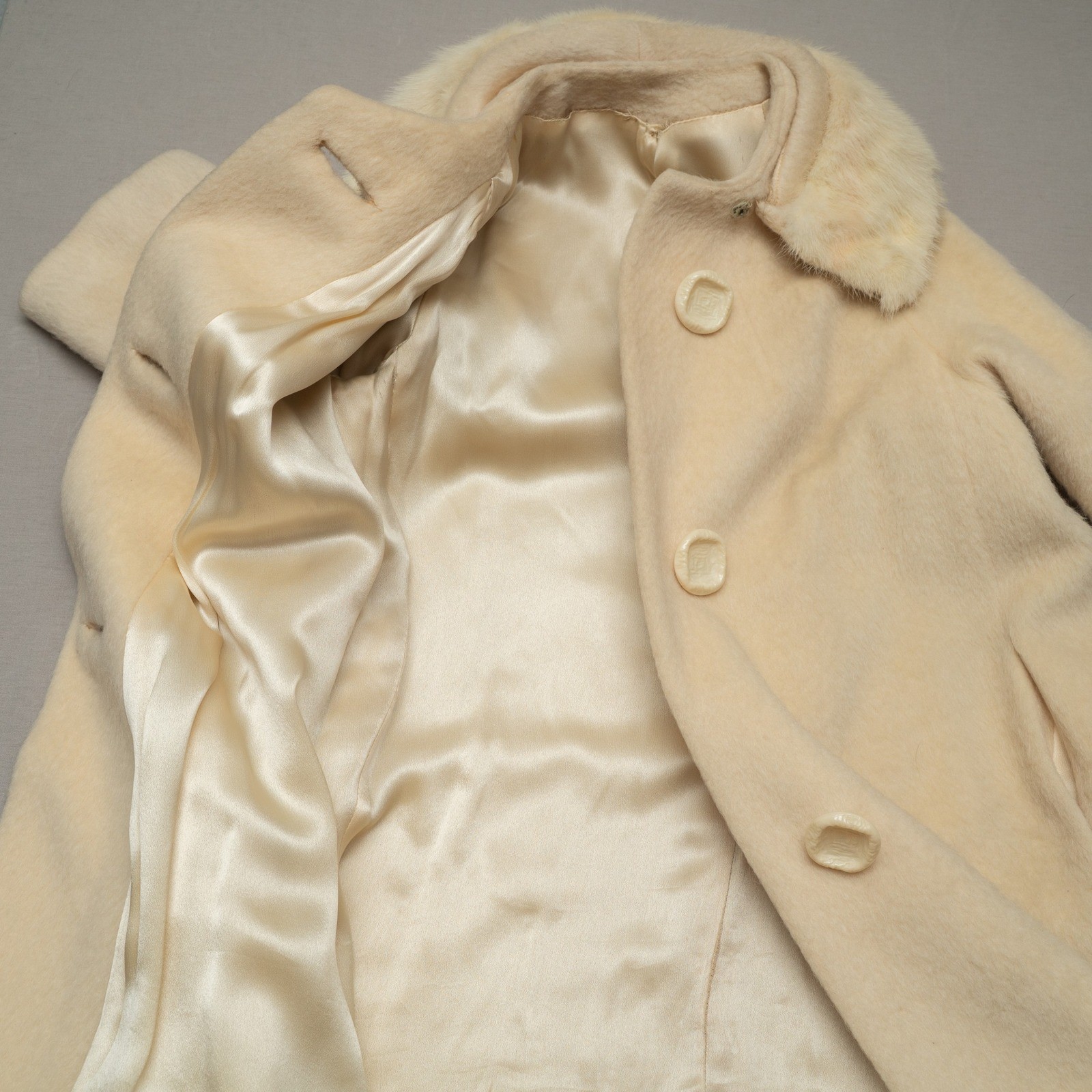 Vintage 50s Womens Pea Coat Rabbit Fur Collar Mohair Jacket Button Up Mod