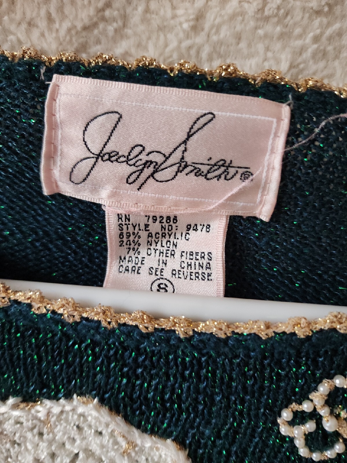 Joeclyn Smith VTG Embroidered Beaded Sparkly Green Gold Sweater 80s Womens Sz S