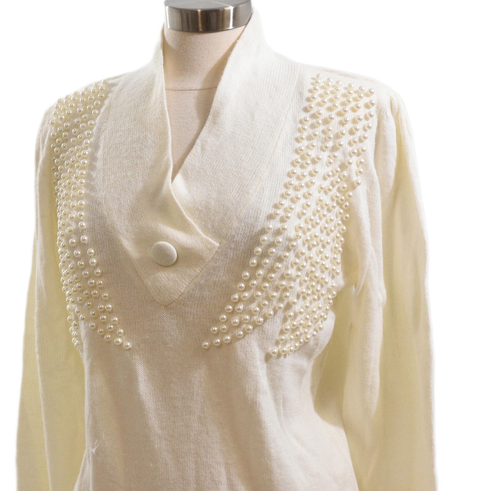 70s Vintage Ivory Pearl Embellished Sweater Womens M Shawl Collar Art Deco