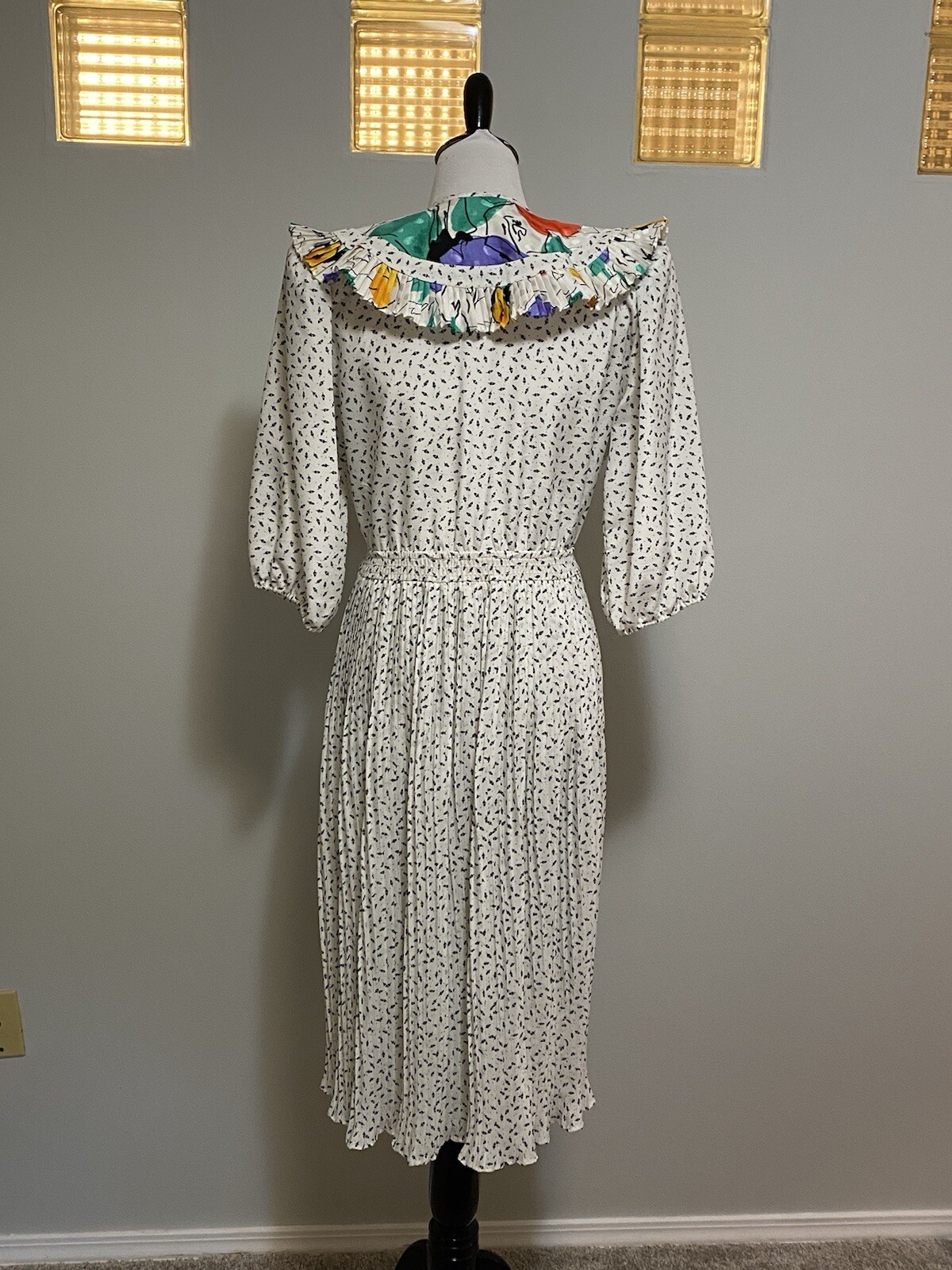 Susan Freis I Magnin Dress Vtg 1980s Black White Boho Pleated Small