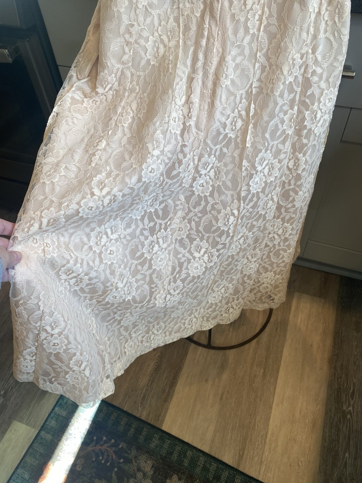 True VTG Handmade 50’s lace Rhinestone Cocktail Dress Ivory Peach 46” Bust