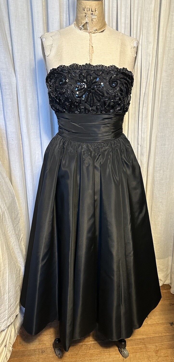 Vintage Ricki Lang/Nuit Blk Taffeta/Lace Strapless Ankle L Gown SzXS Used