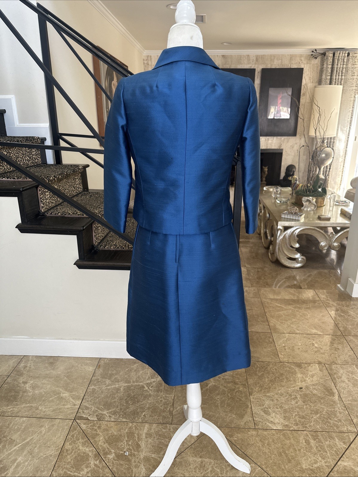 Hannah Troy VTG 50s Marine Blue Stiff Raw Silk Cocktail Dress Short Jacket S