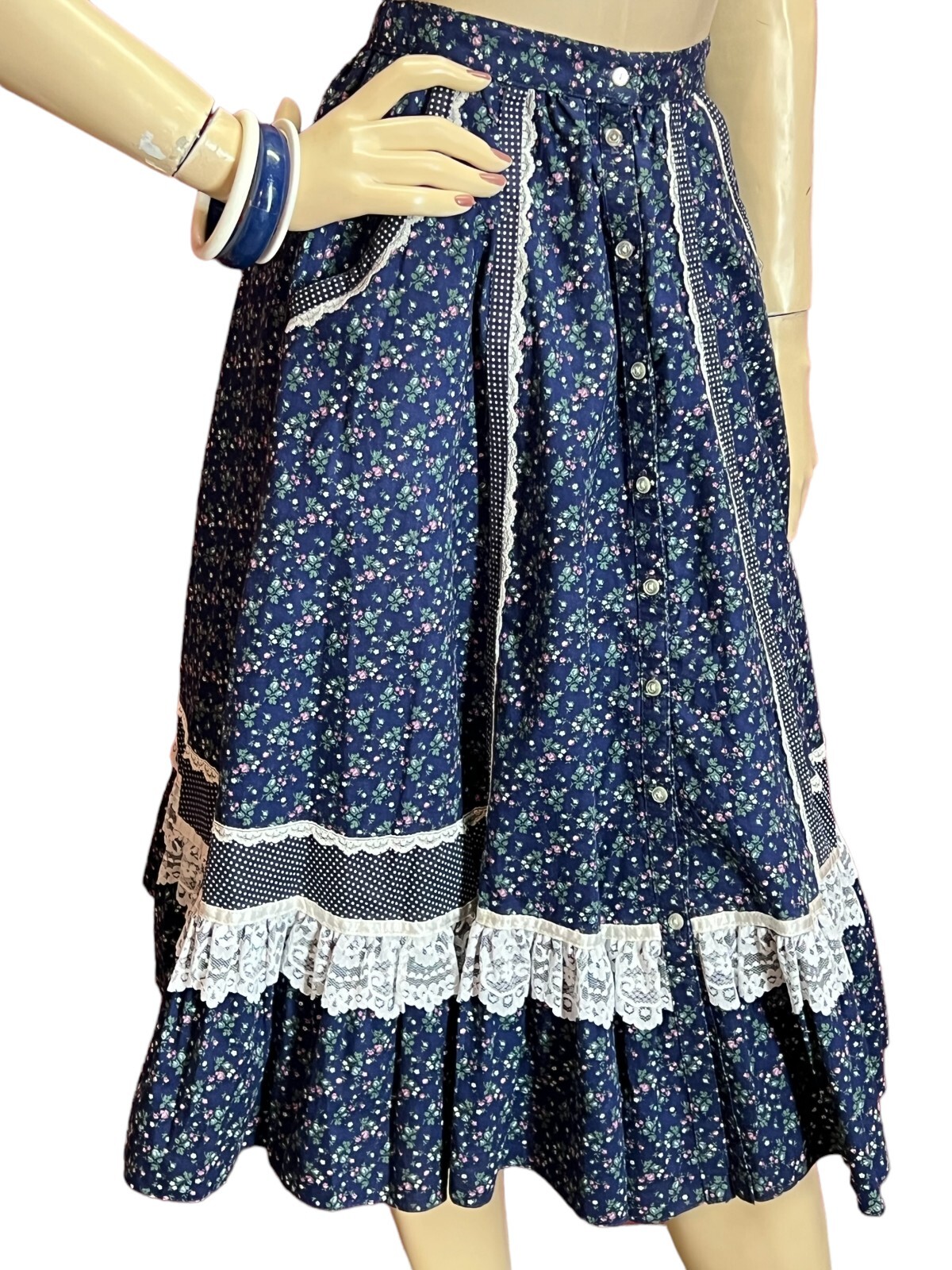 XS~S Vtg 70s Gunne Sax Skirt Jessica’s Gunnies Blue Calico Cottage Core Prairie