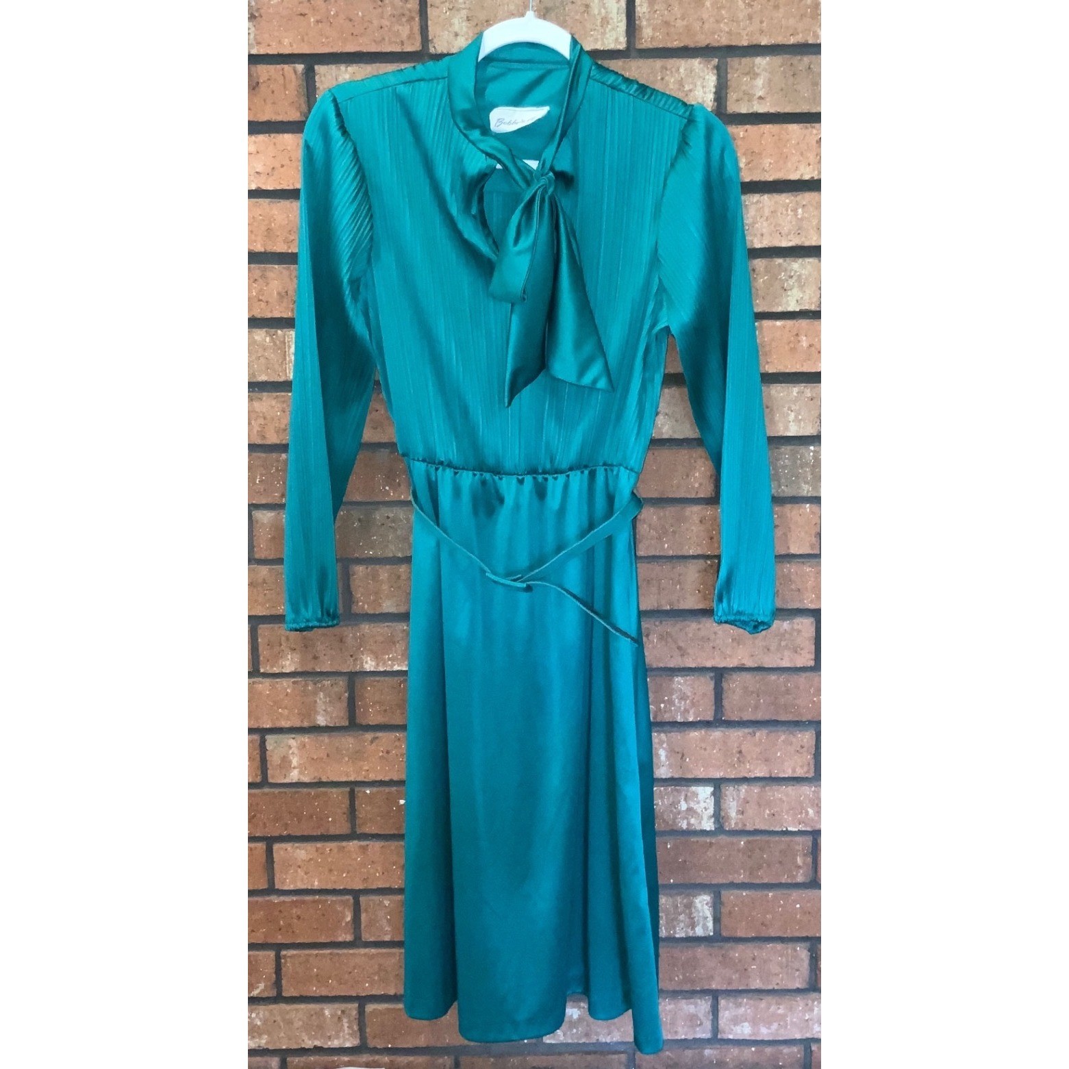 Vintage Bobby’s Girl Womens Green Satin Bow Midi Dress Pleated Long Sleeve