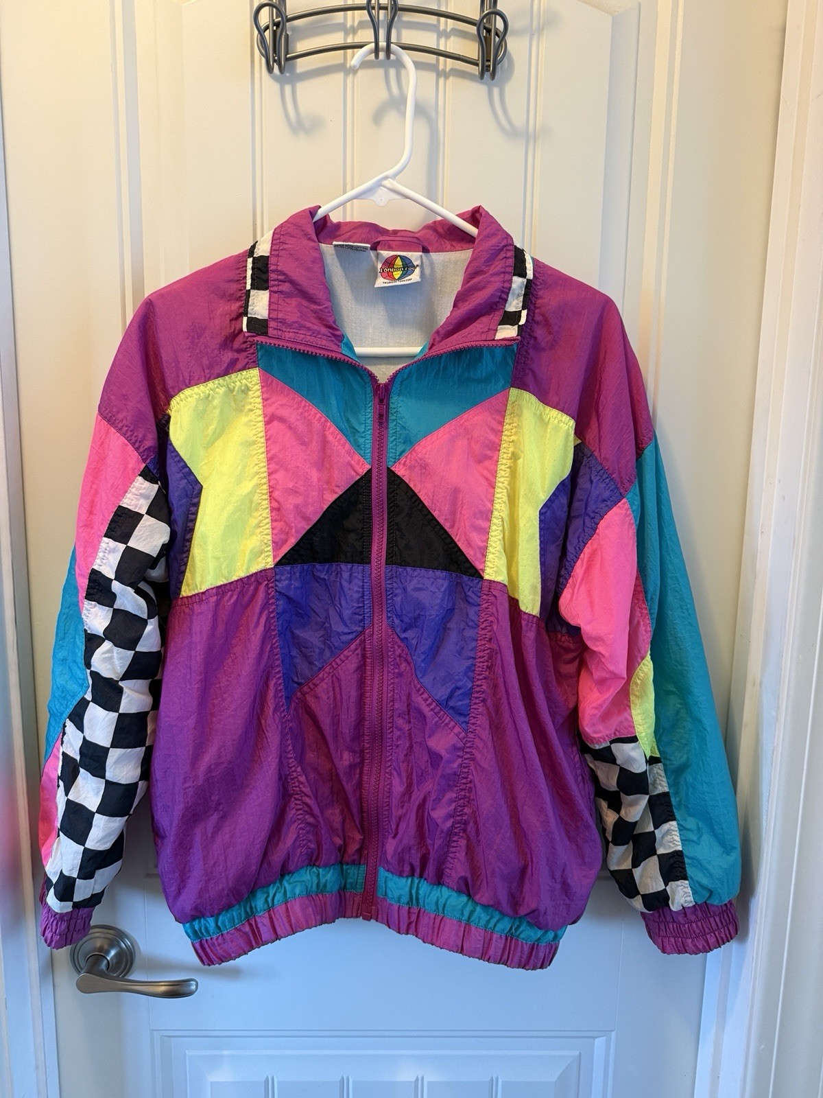 London Fog 1980s Block Patterned Nylon Windbreaker Vintage Size M/L Purple Neon
