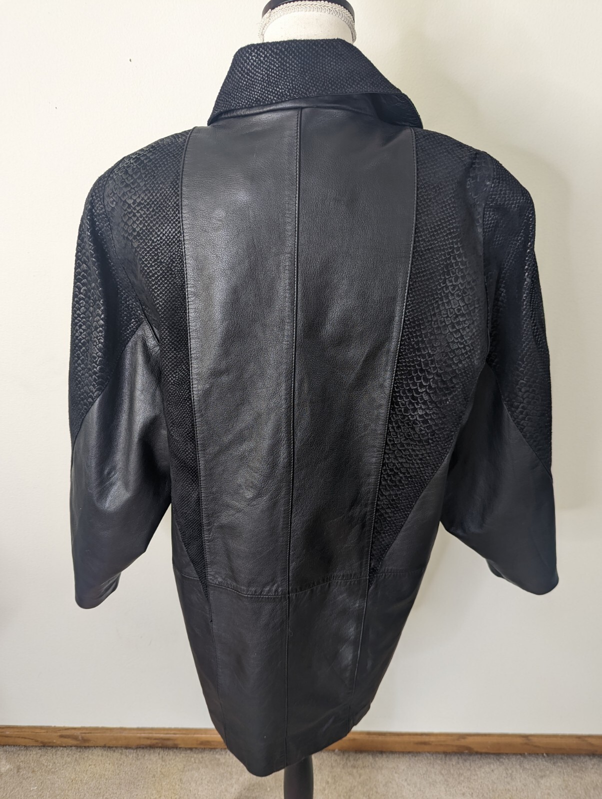 Vtg 80s Black Leather Leopard Patchwork Women’s Coat Jacket Sz M Relaxed 10/12