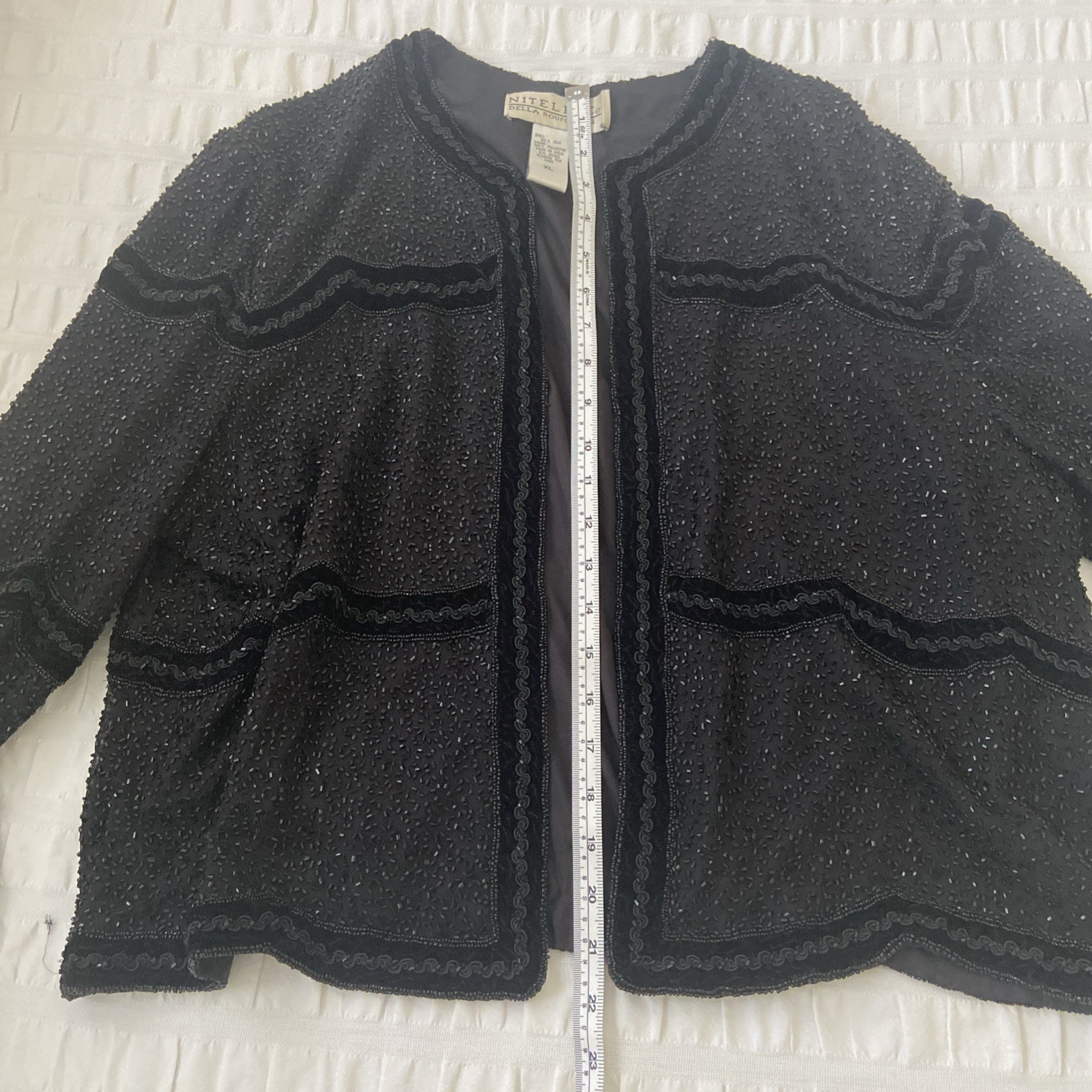 Jacket Vintage 80s NITELINE By Della Roufogali Black Beaded Sequin 100% Silk XL