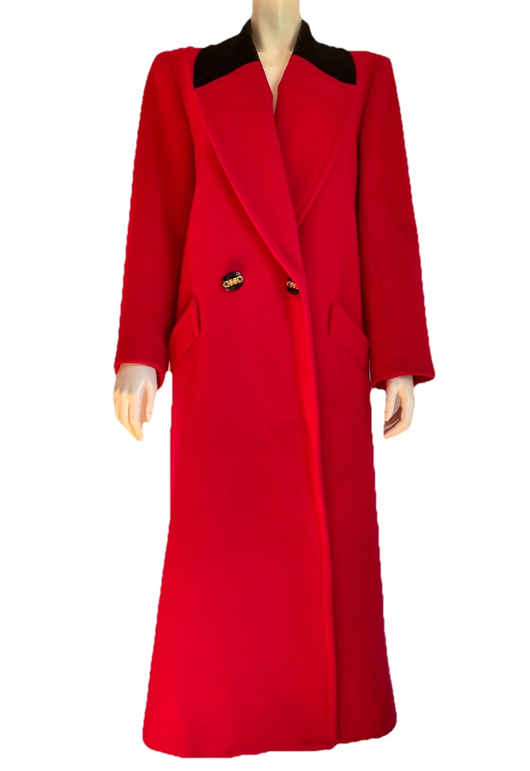 Vintage Equestrian RED WOOL LONG COAT Black Velvet Donnybrook Trench Winter 80s