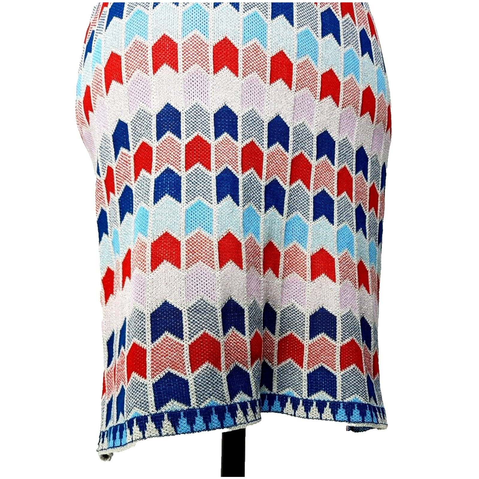 Vintage 60s MOD Geometric Silver Metallic Knit Dress Medium Red Pink Blue Retro