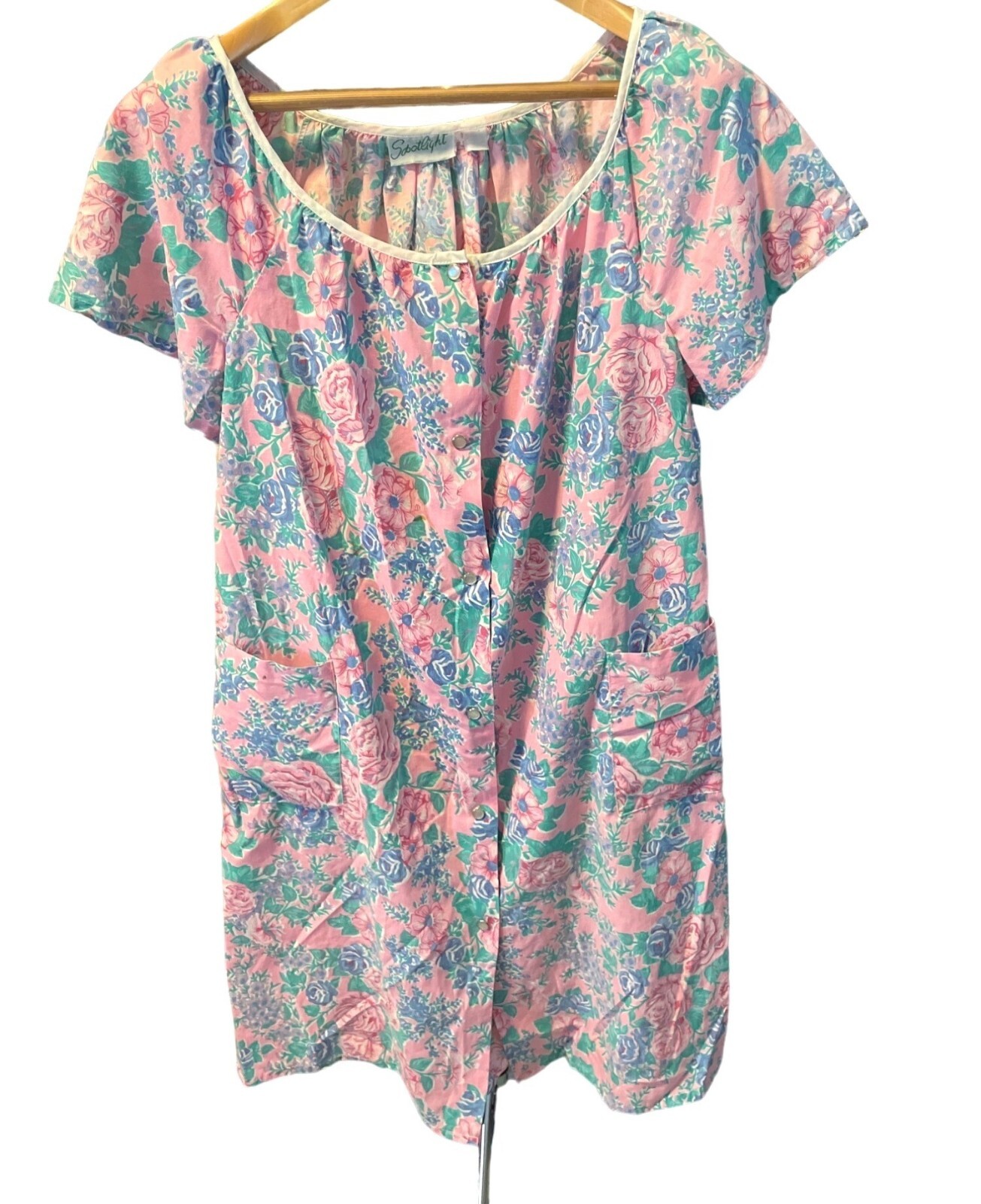 Vintage Spotlight Pink Floral Snap Front Cotton House Dress Pockets Size M