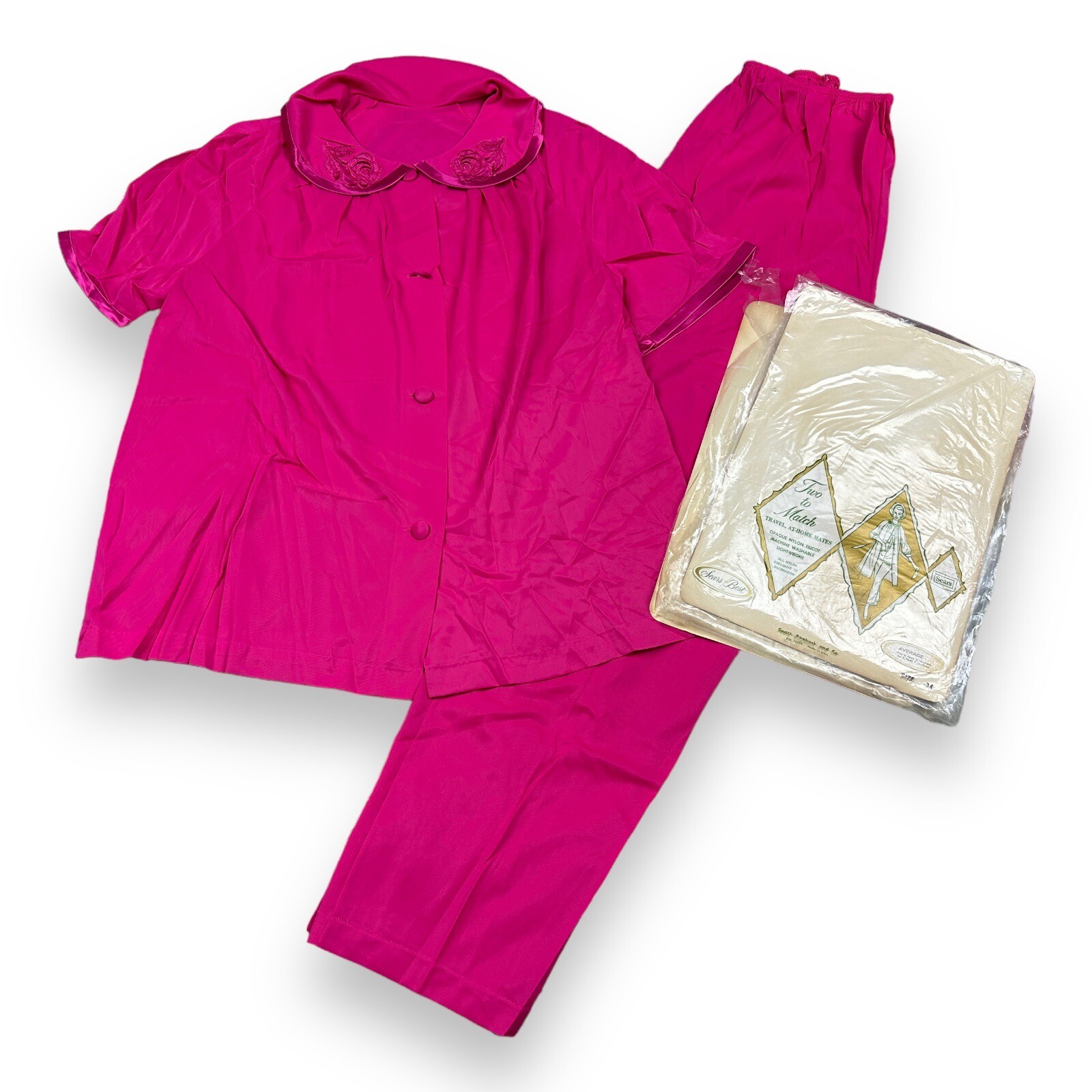Vtg Sears Two To Match Magenta Pink Tricot Nylon Top Pant Set Embroidered Roses