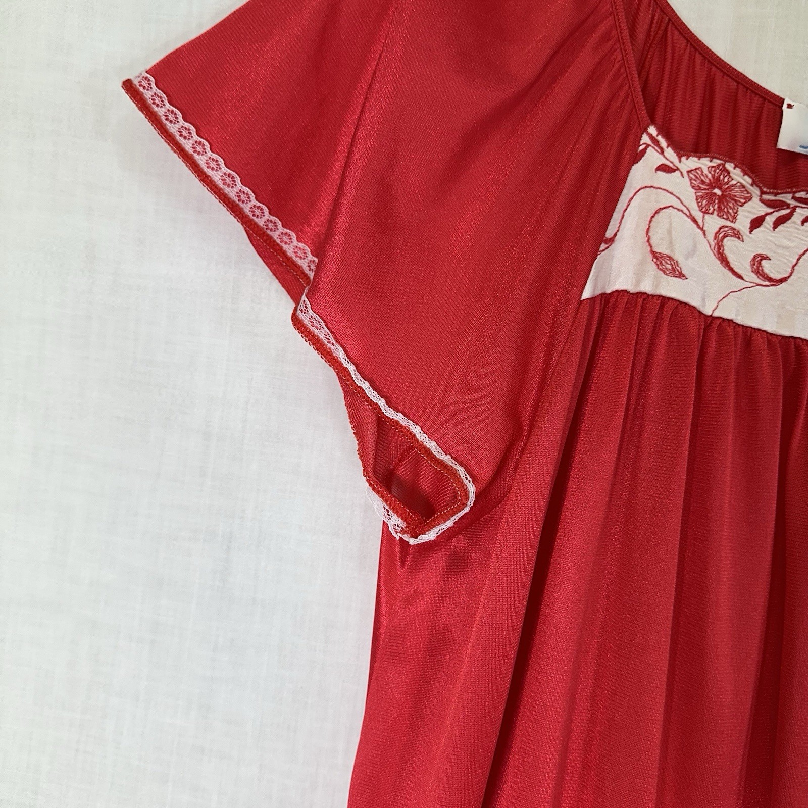 Vintage Finesse Red Silky Nightgown S-L Embroidered Front Yoke USA