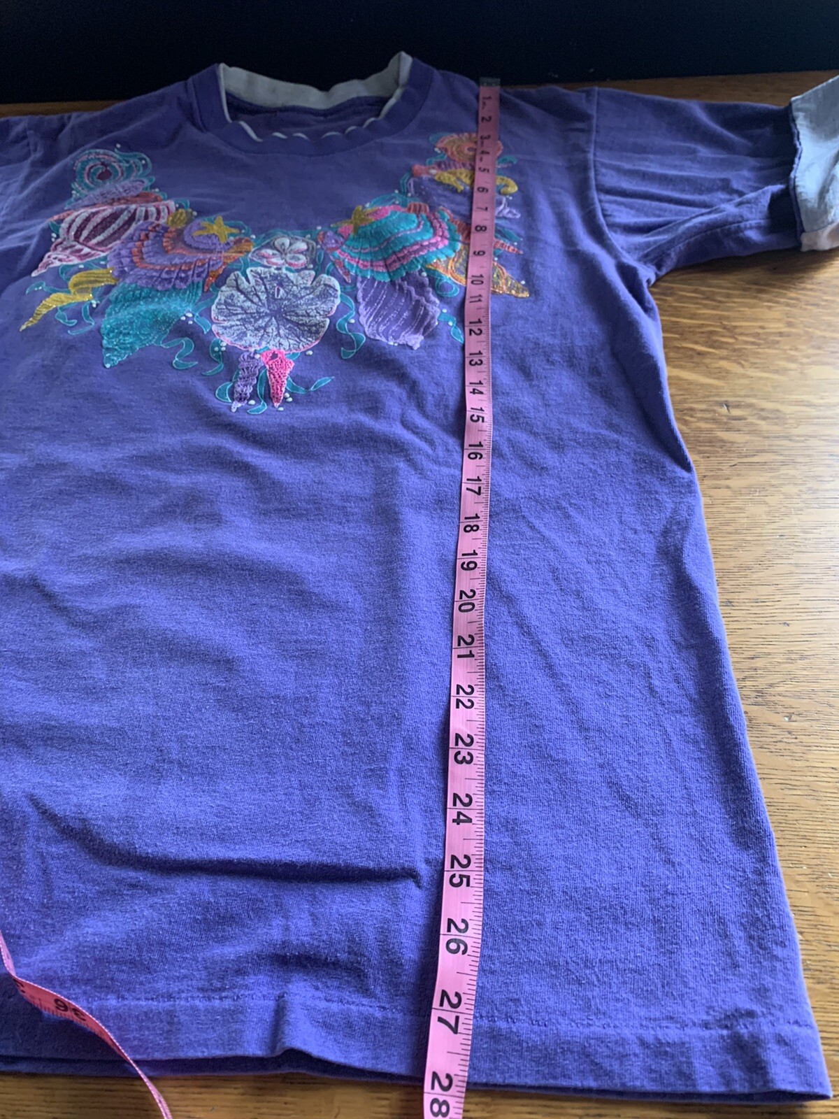 Vtg 90s Panama Jack Granny TShirt L ? Purple Shells Glittery Distressed Sea