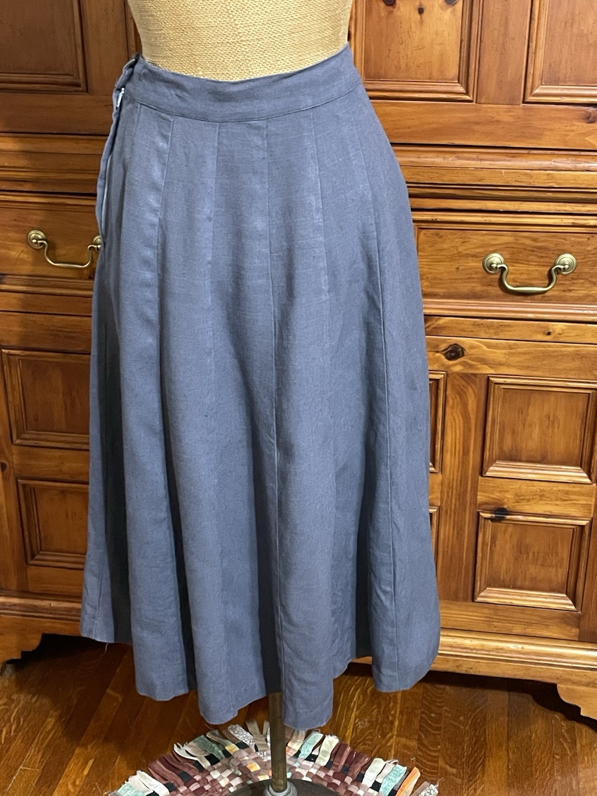Vintage 50s Mid Century Gray Linen 16 Panel A-Line Rockabilly Skirt Size 28w