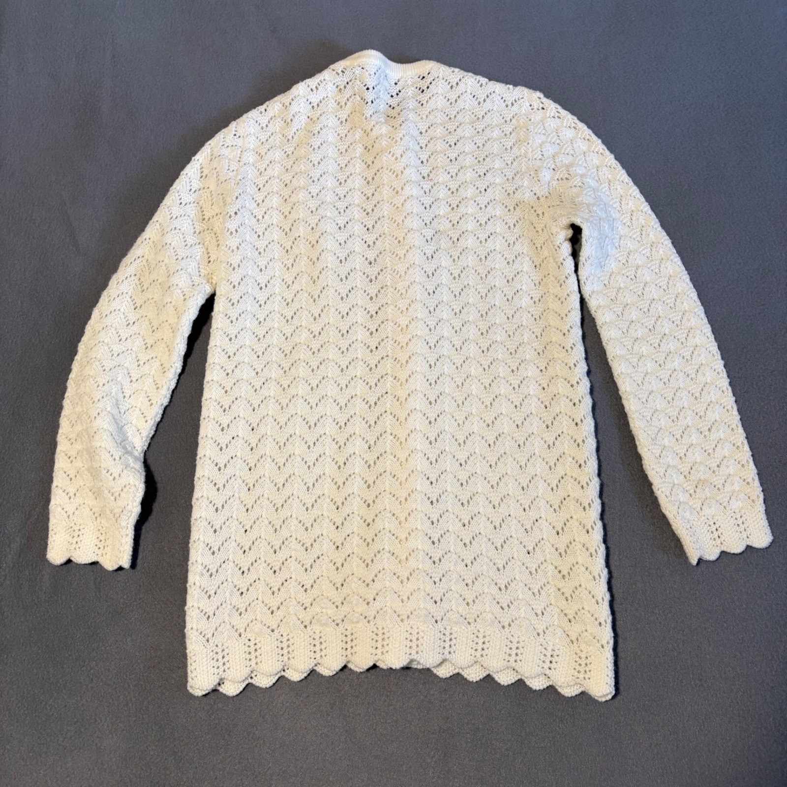 Vintage 60s Billie Jo Cardigan Sweater Women M Ivory Pointelle Knit Scallop USA