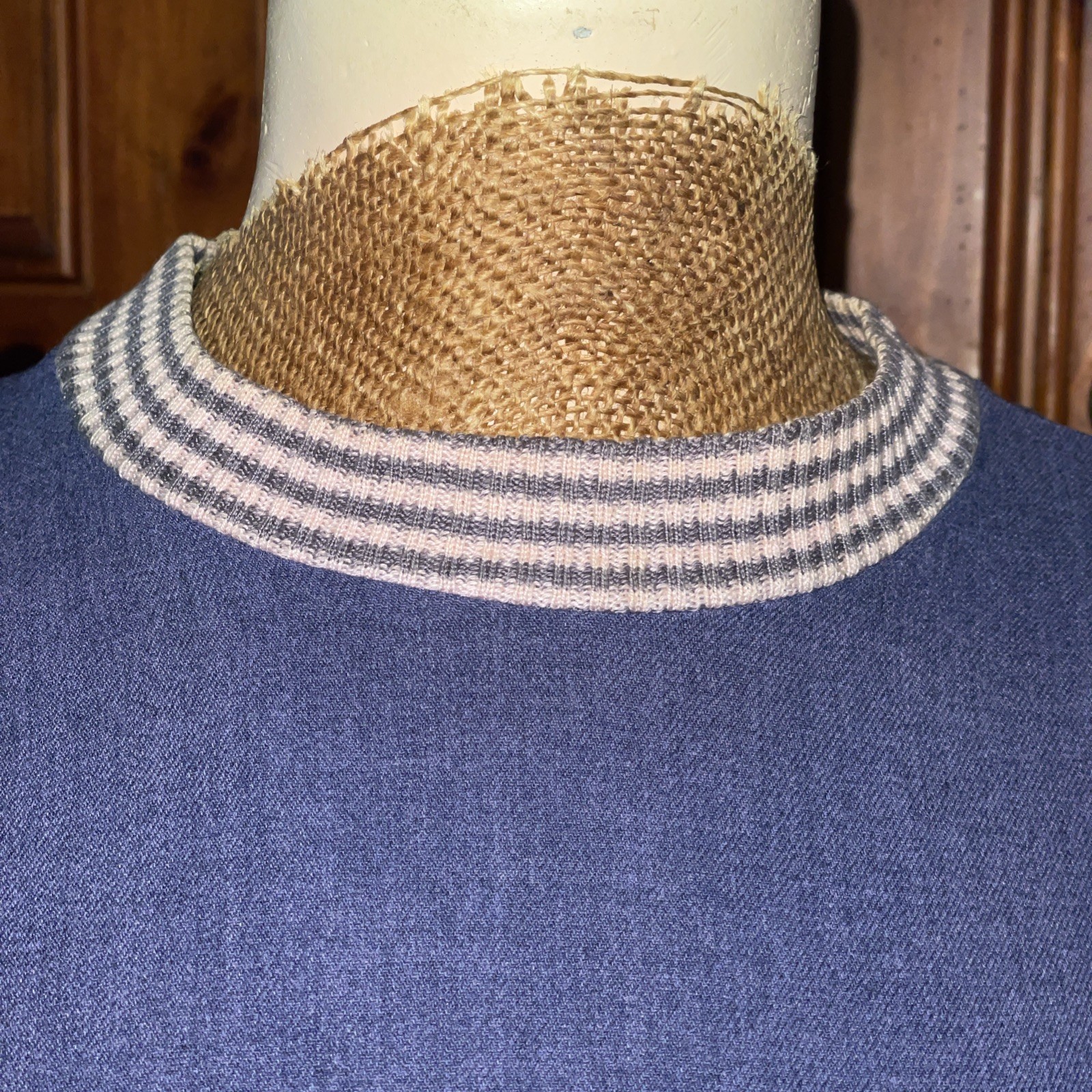 Vtg 30s 40s 50s Chambray Denim Gabardine House Dress M Striped Knit Collar Belt