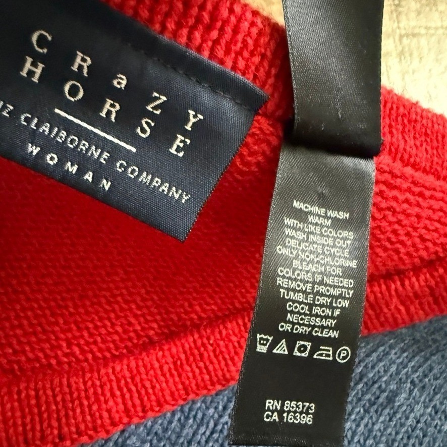 Crazy Horse Vintage Patchwork Crew Neck Knit LS Sweater,Red Blue Navy,2(NWT)