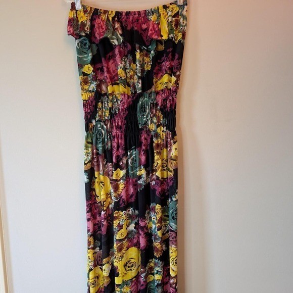 Strapless Maxi Ruffle Dress Romantic Goth Botanical Black Yellow Mint Size Large