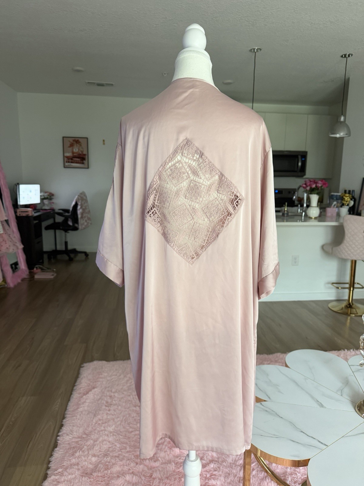 Vintage Pink satin robe with lace trim and diamond-shaped lace panel on the back