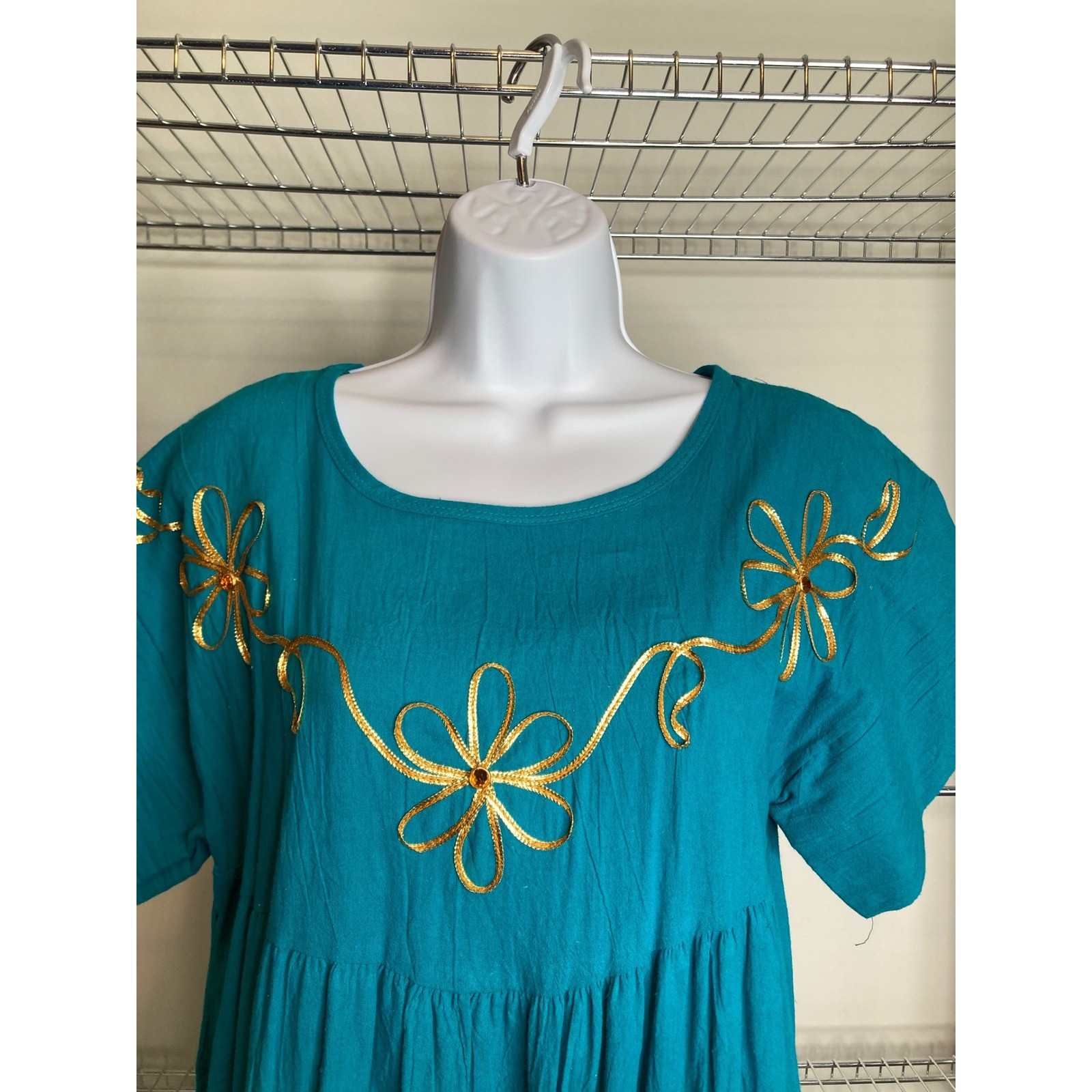 VTG 70s Womens Teal Embroidered Kaftan Housedress Est Sz M Mumu Golden Girls