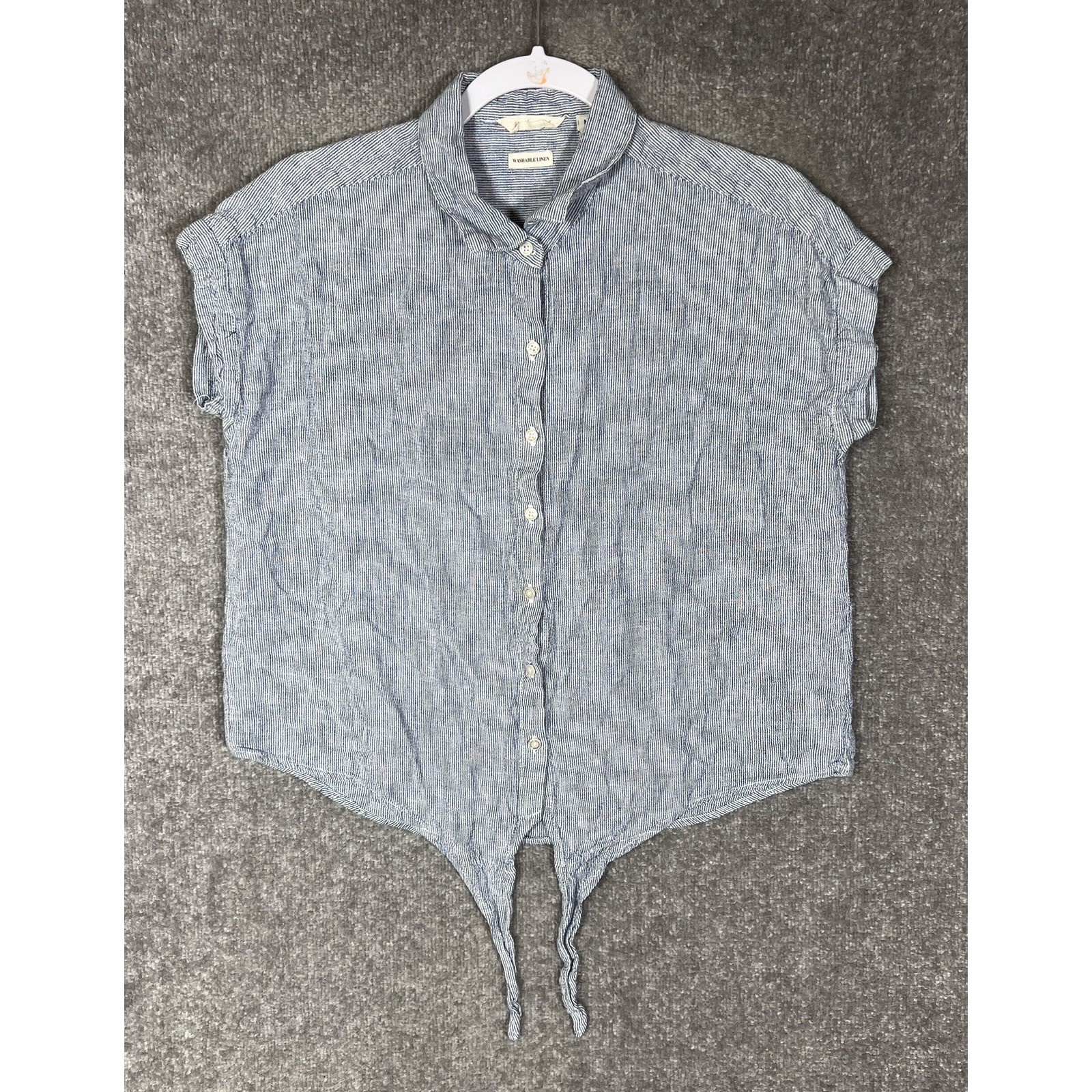 Weatherproof Vintage Washable Linen Button Up Top Womens Sz Medium Blue Tie Hem