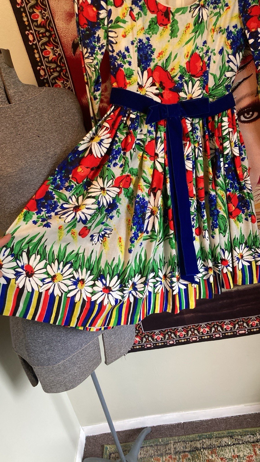1970s Eve Le Coq California Floral Mini Dress | Velvet Ribbon Waist Fit & Flare