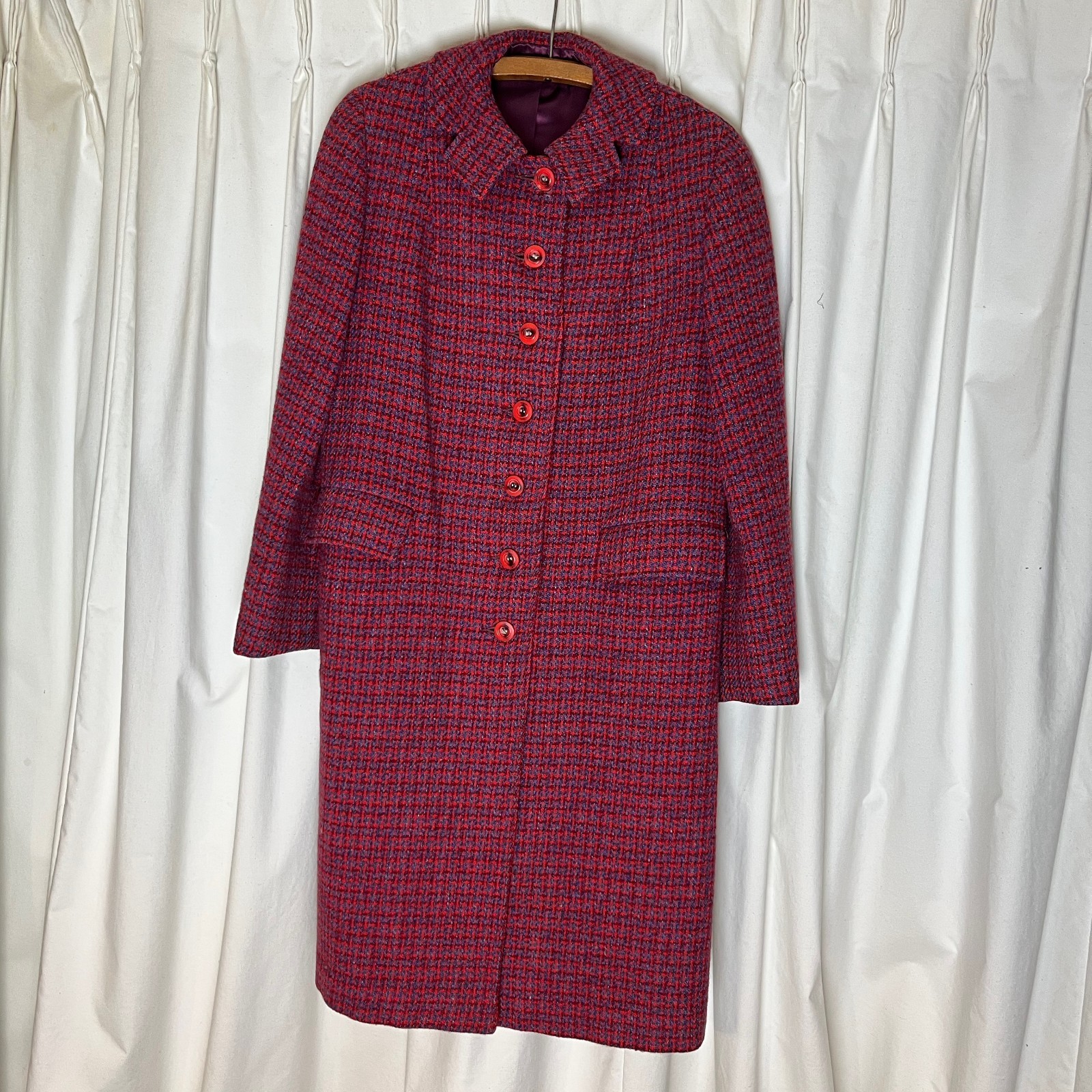 Harris Tweed Coat True Vintage 60s Women S/M Scottish Wool Red Purple Grandma