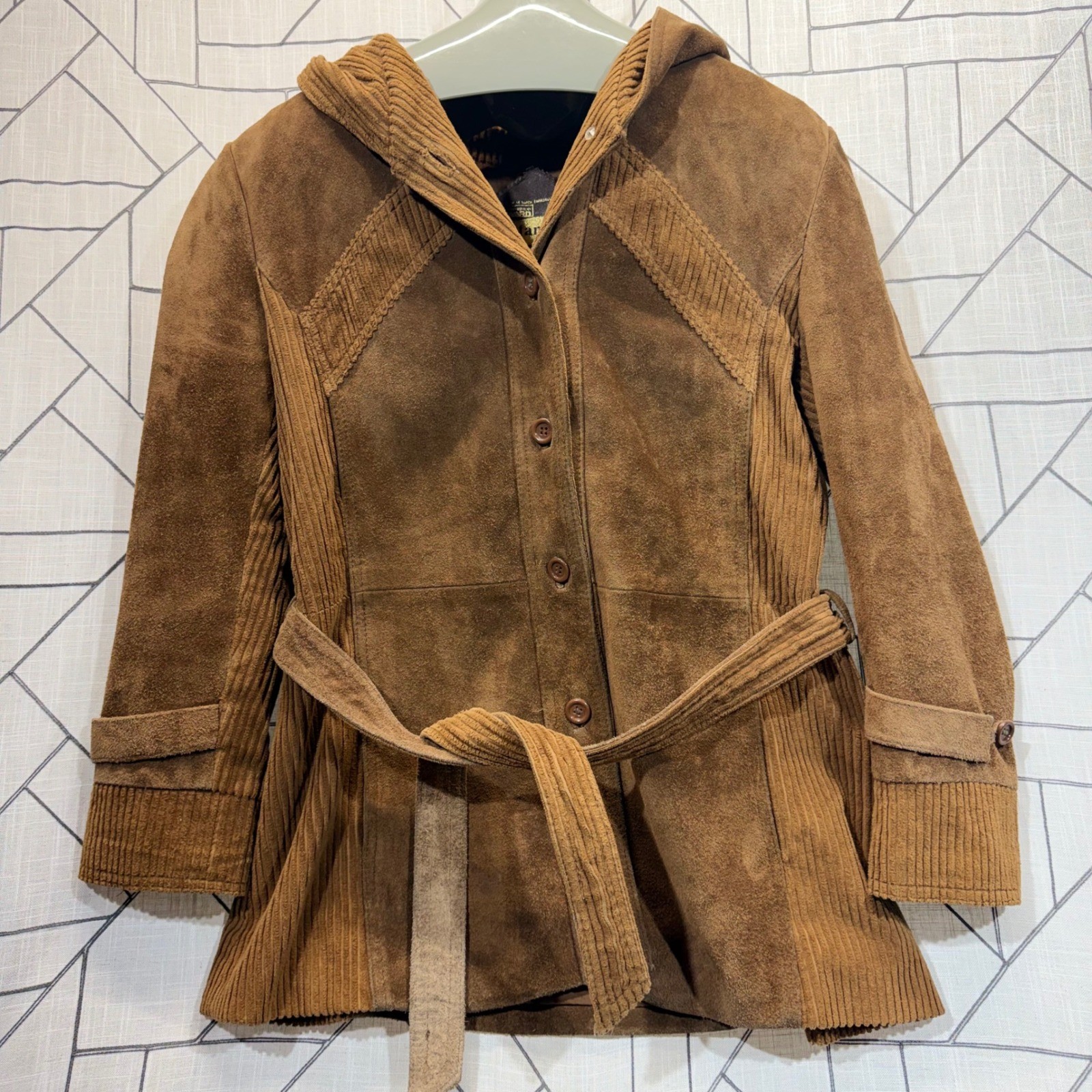 Montgomery Ward The Tannery Jacket 15/16 Brown Suede Corduroy Hooded Vintage 70s