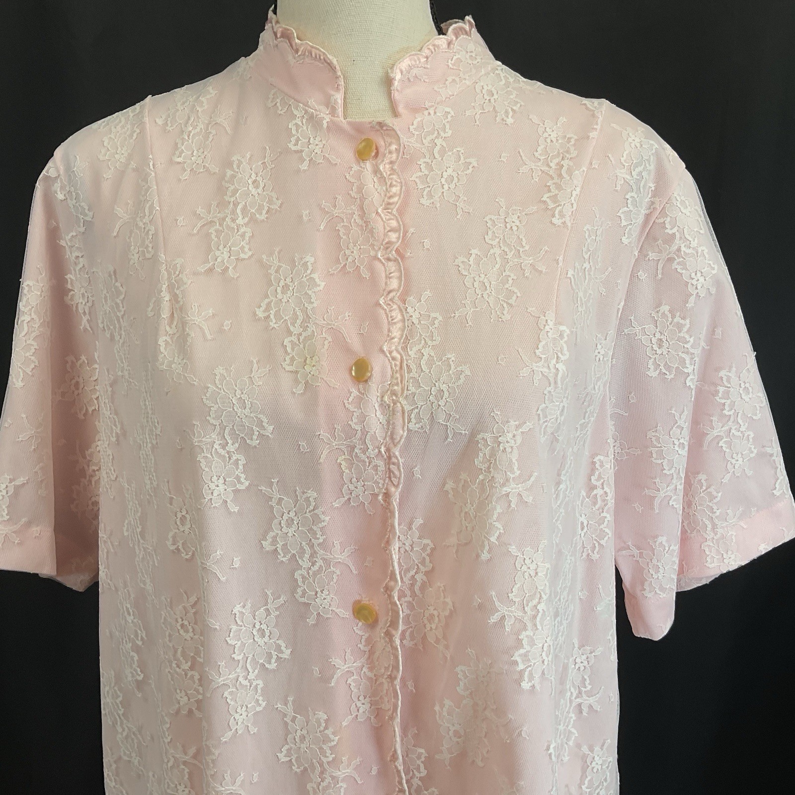 Vintage 1960s San’s Souci Pink Lace Peignoir Robe Nylon Sheer Lace Overlay Sz 14