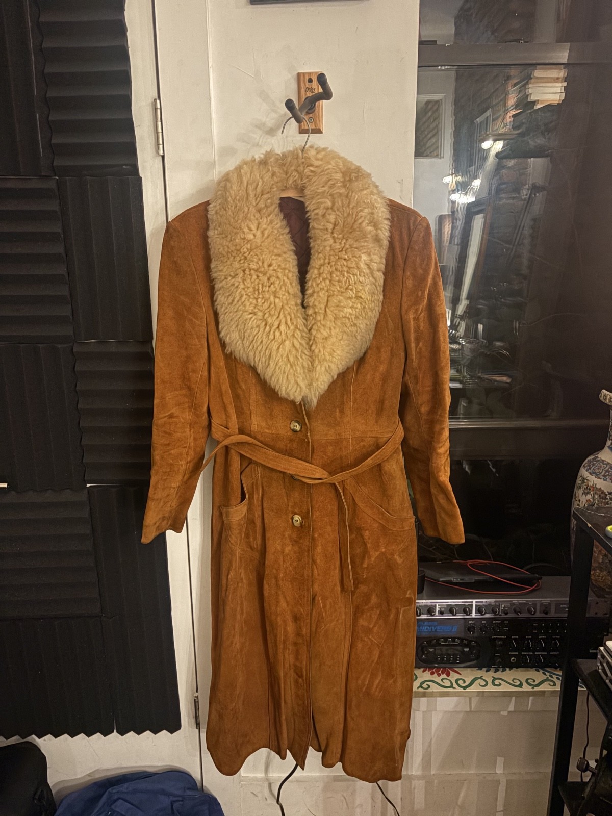 Vintage 70s Genuine Suede Maxi Coat w/ Ivory Curly Shearling Collar | Cognac Lea