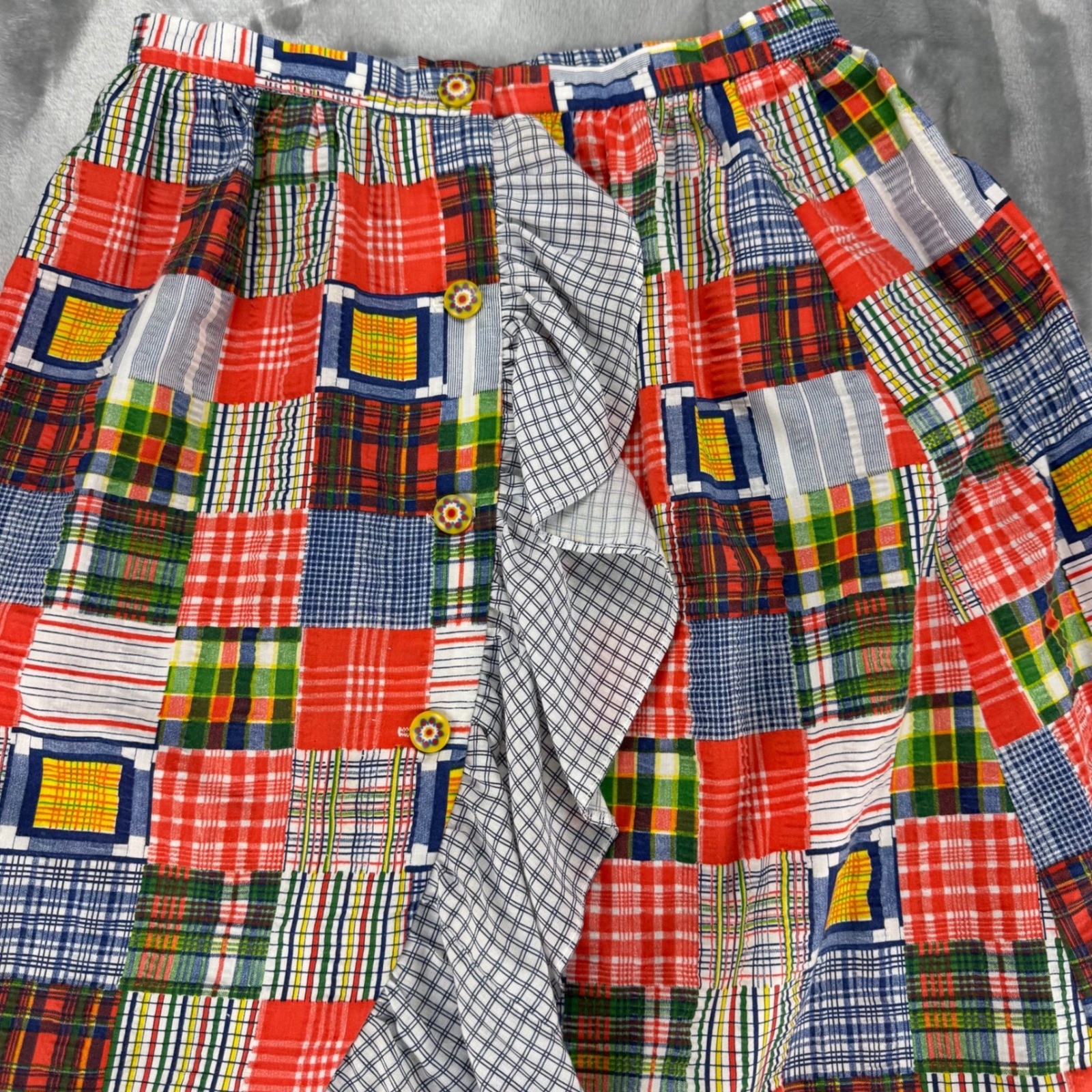 Vintage 70’s Patchwork Plaid Ruffle Midi Skirt Boho Romantic Folk, High Waist