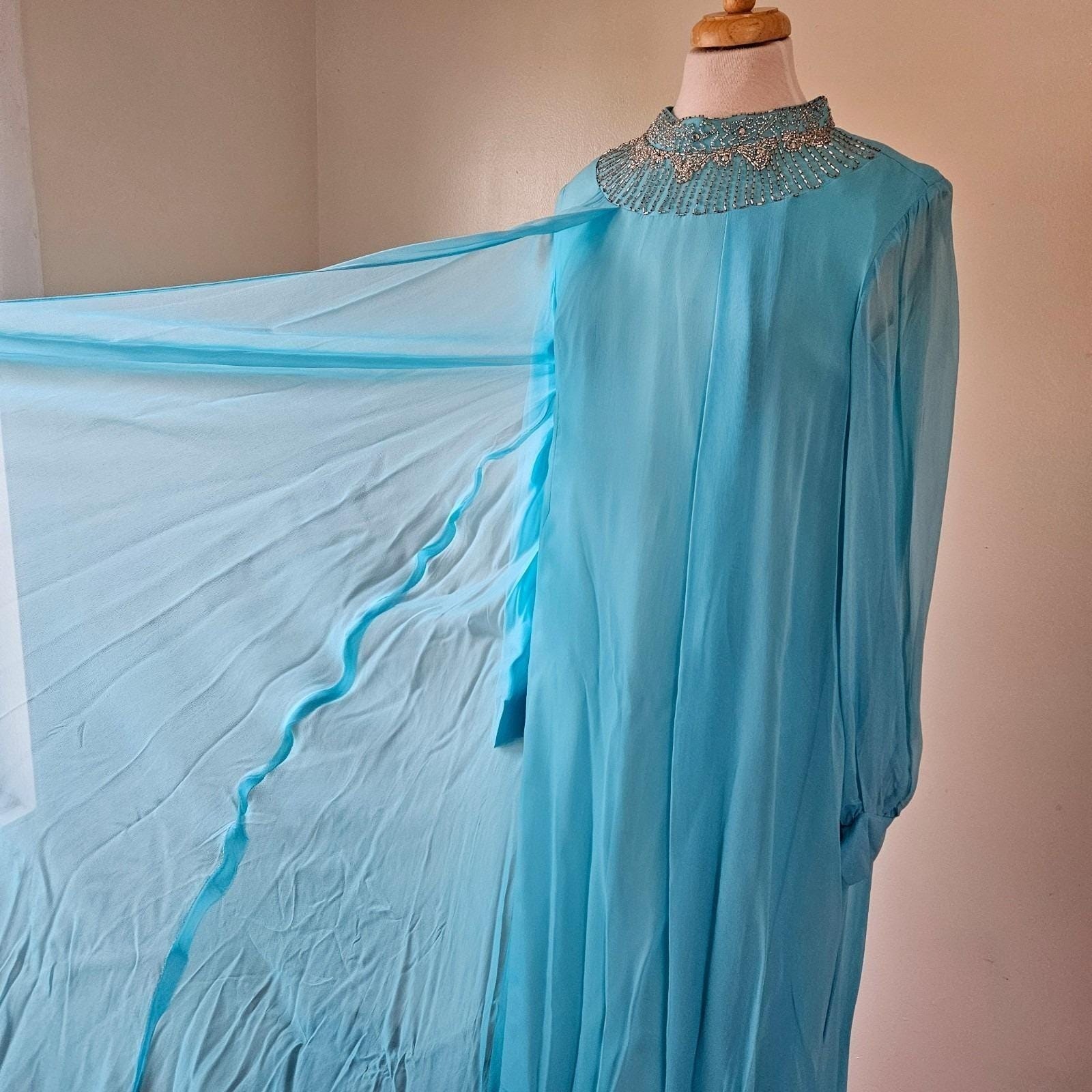 Vintage 70s Blue Disco Diva Stage Chiffon Sheer Overlay Maxi Dress Gown Beaded M
