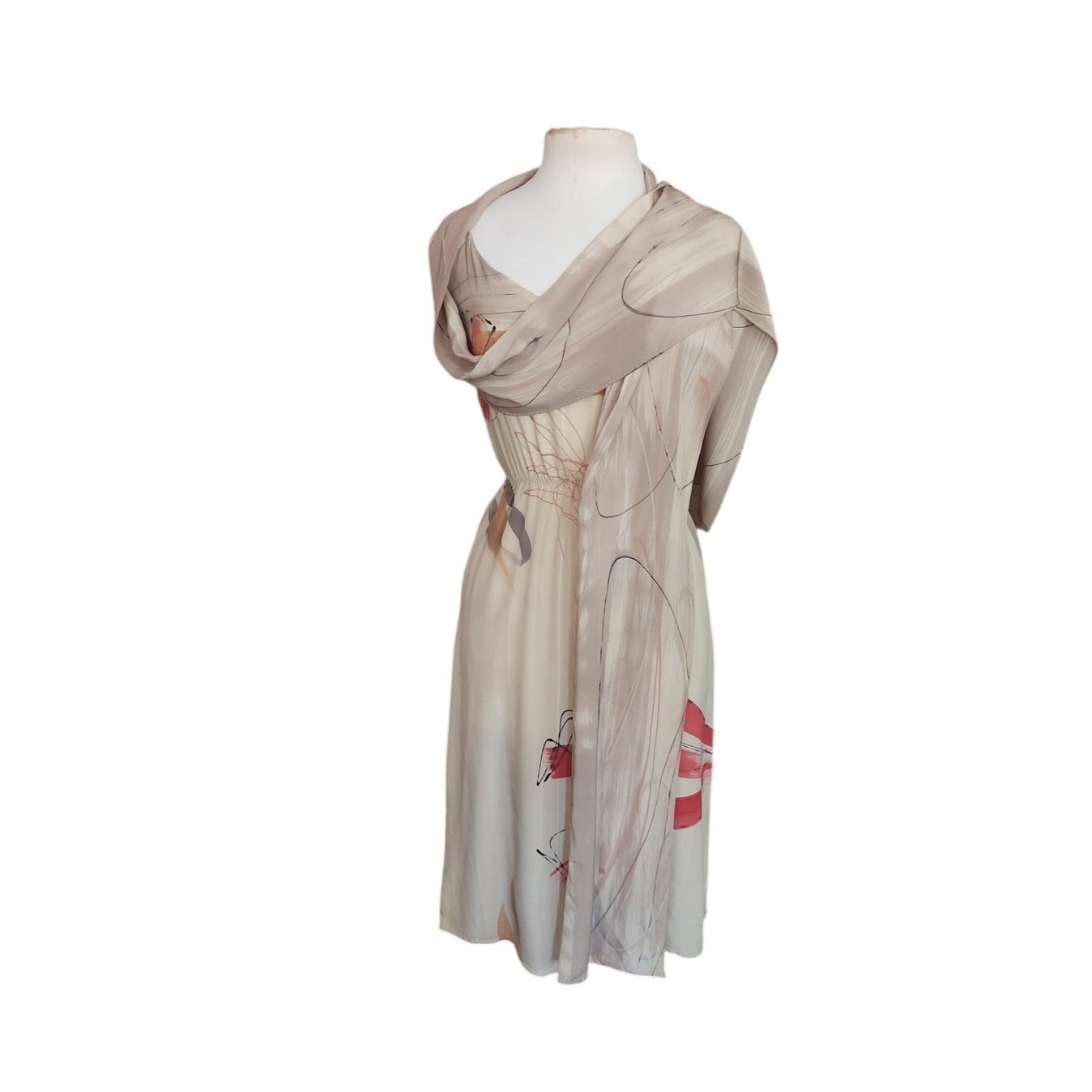VTG 80s Nicole Chicago Dress Silk Geometric Abstract Print Scarf Belt Sash S
