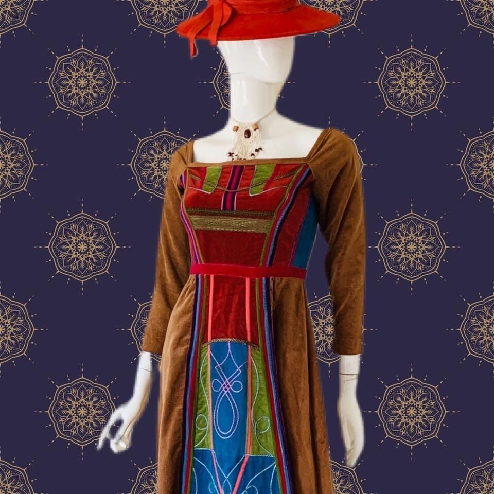 Vtg 60’s-70’s Corduroy Patchwork Renaissance Revival Prairie Dress