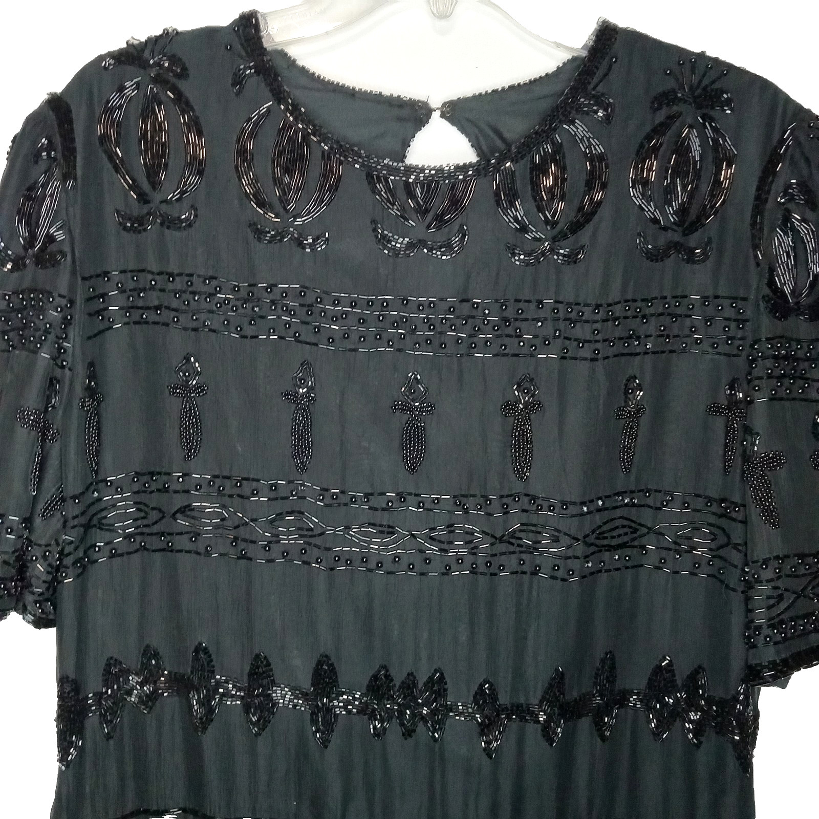VTG Nite Waves Black Beaded Silk Dress Womens Sz M/L Cocktail Flapper Gatsby 80s