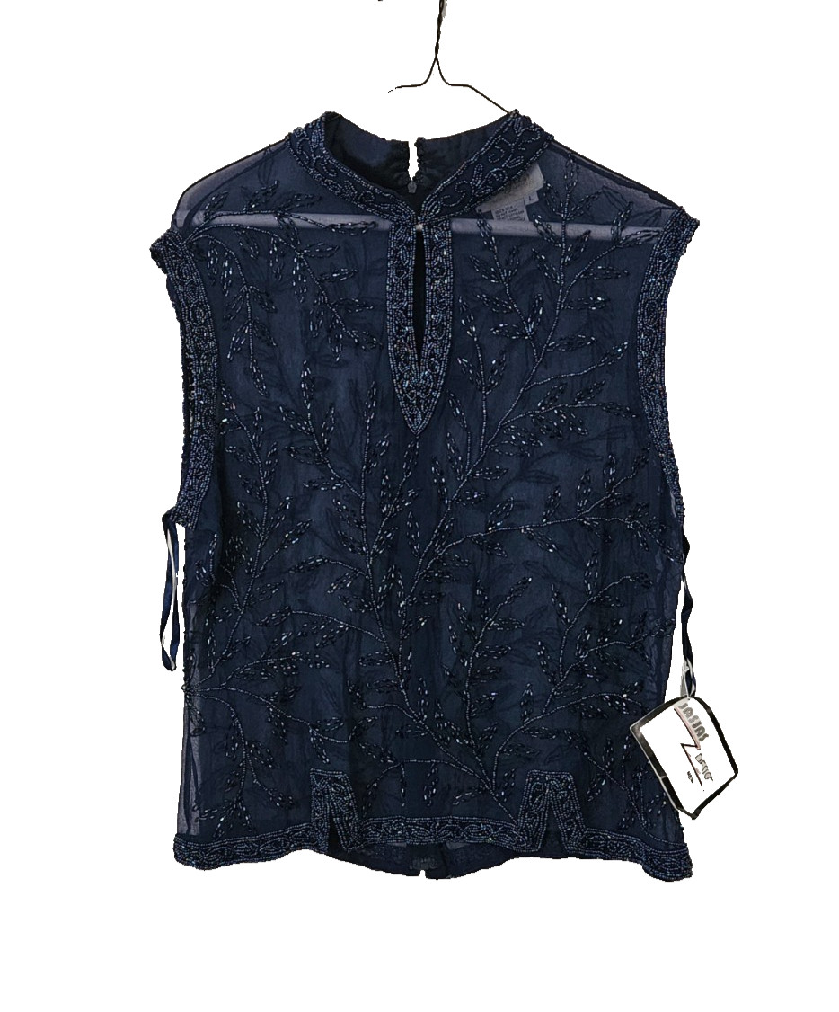 Jasjas Designs New York VTG Women’s Silk Beaded Sleevless Sequin Top NAVY Size L