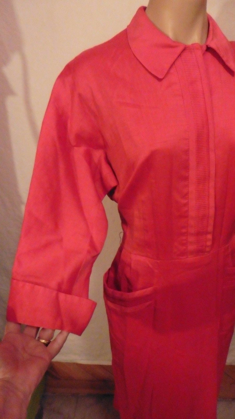 40s Red Linen Shirt Dress w/ Pleat Accents by Charles Hymen sz L 42x34x46