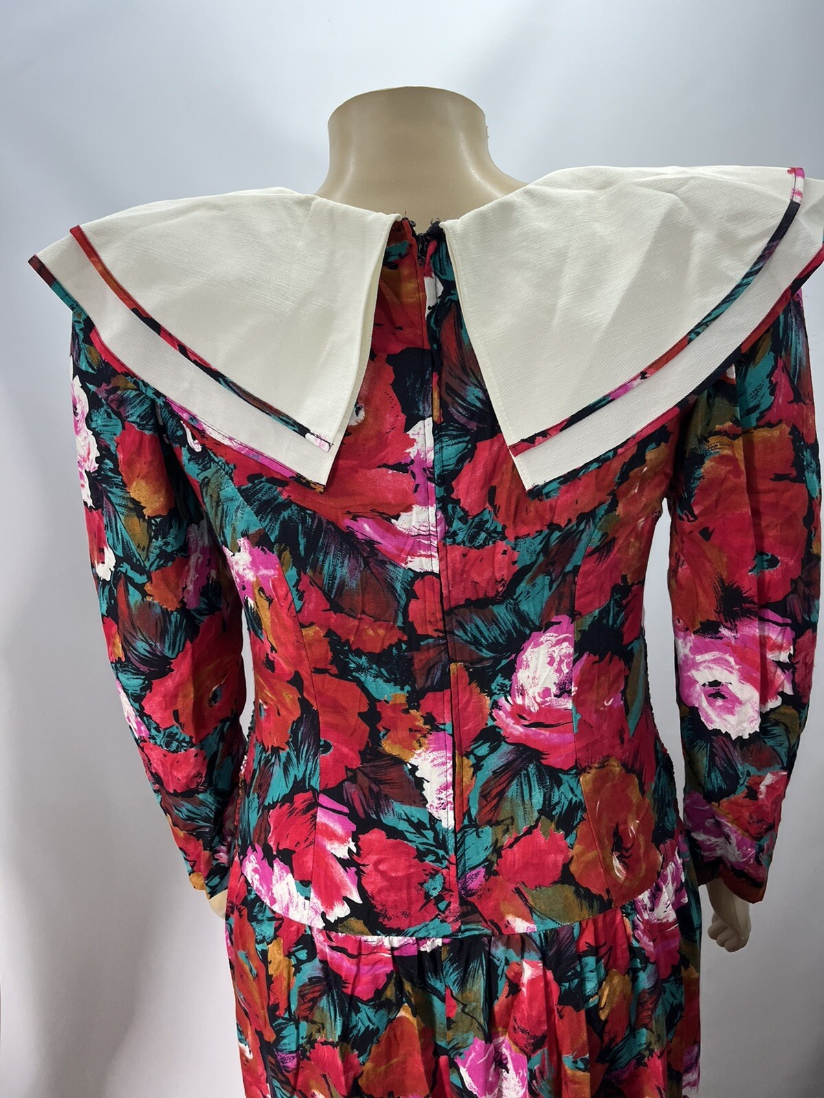 Vtg 80s Midi Tea Dress Smocked Floral Shawl Collar Bow Sz 14 LG Shoulder Pads