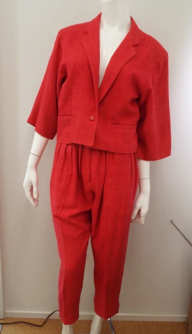 Vintage 1980s KENZO Red Silk Suit Cropped Blazer Jacket & Pleated Pants 38 Small