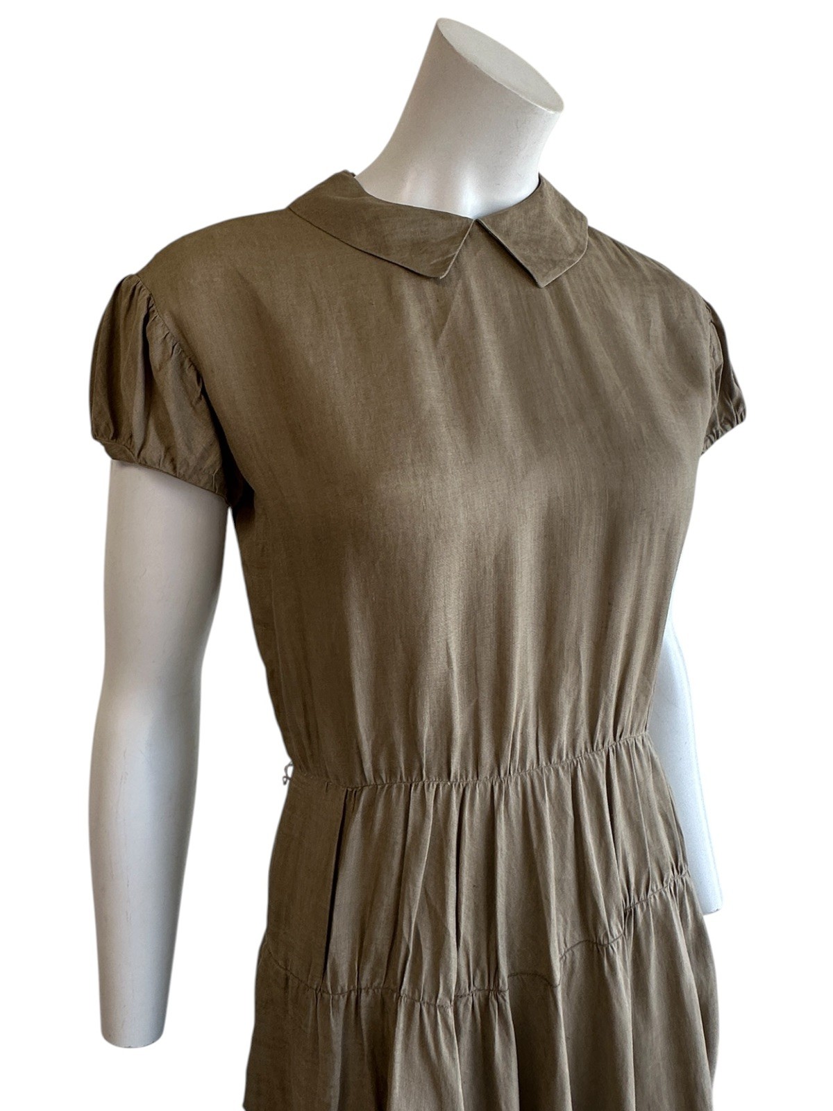 1940s 1950s Olive Green Dress Peter Pan Collar Rayon Linen Feel