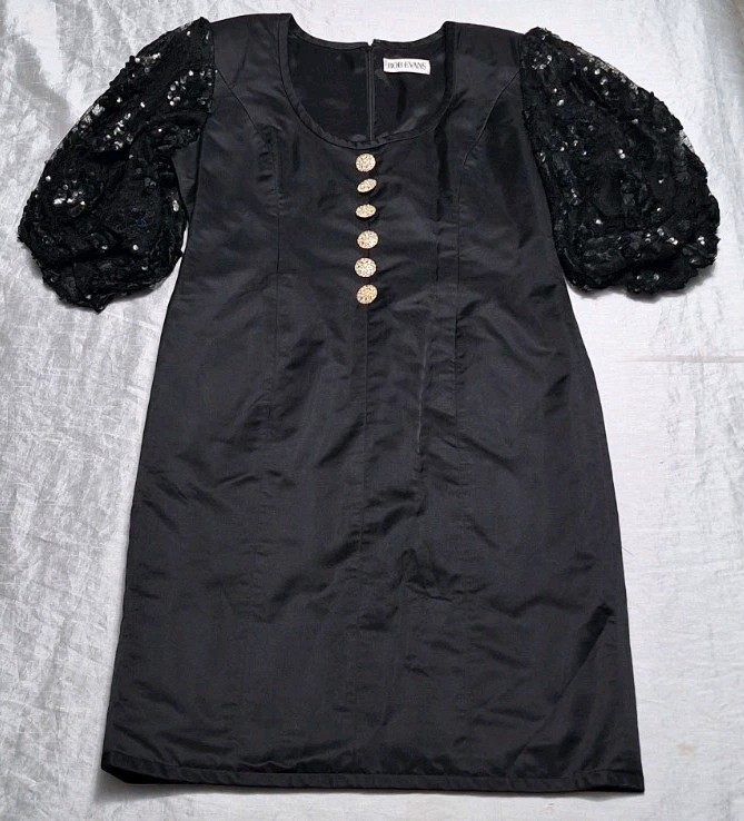 VTG BOB EVANS 100% Silk Sheath Cocktail Dress Sequin & Lace Balloon Sleeve Black