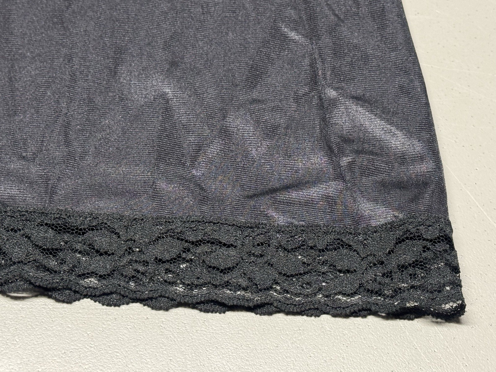 Vtg Sliperfection Sissy Full Slip Black Sz 44 Nylon Tricot Antron Silky Lace USA