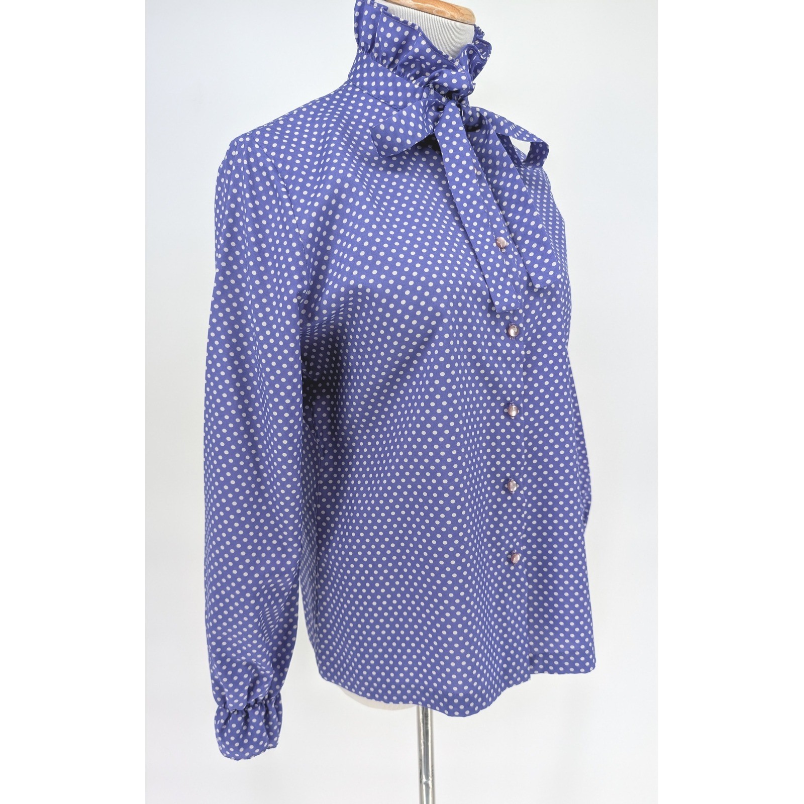Rhoda Lee Polka Dot Blouse Womens 12 Blue Vintage Ruffle Neck Tie Coquette 70s