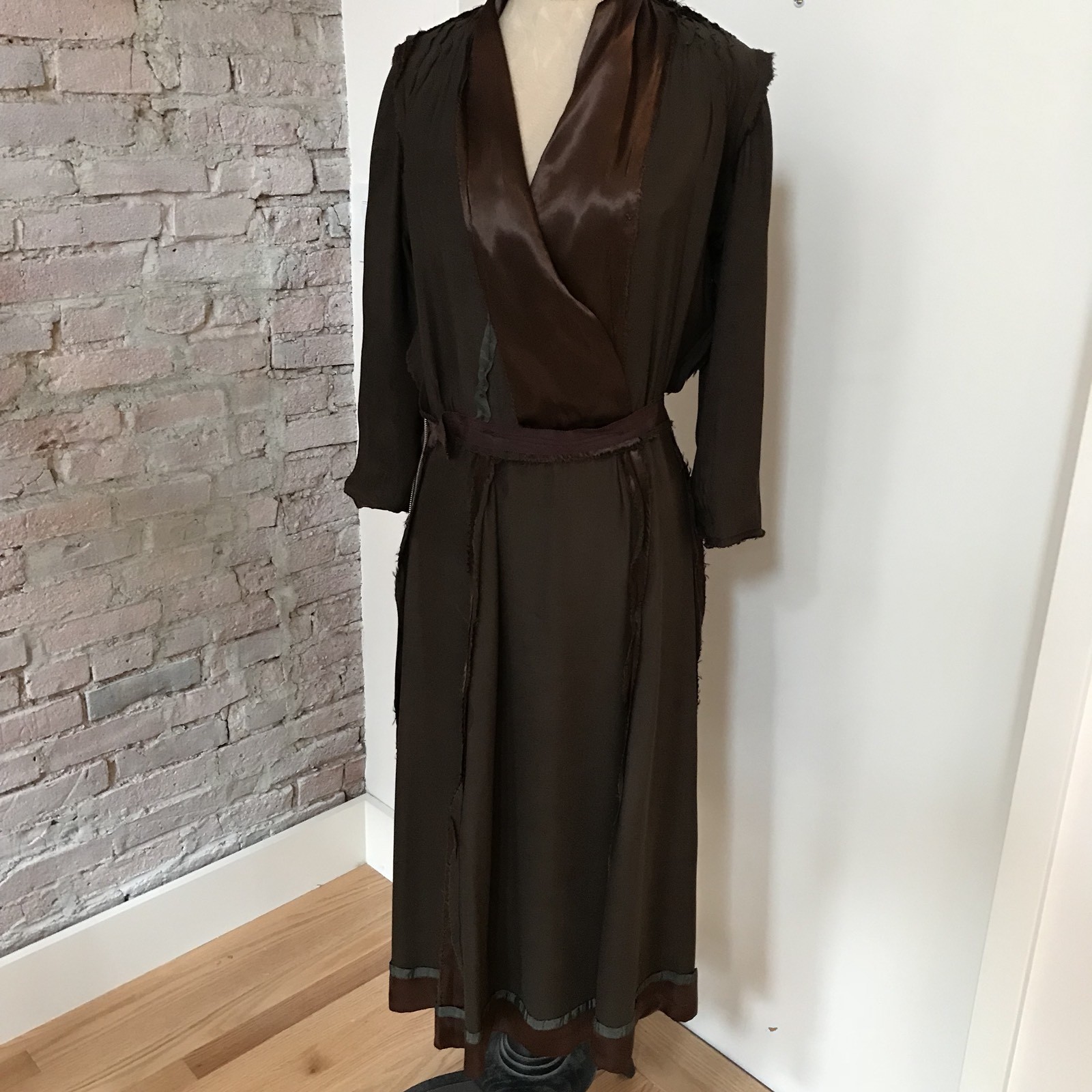 Vintage 30’s Women’s Brown Satin Dress Long Sleeve Matching Cape Macrame Conmar