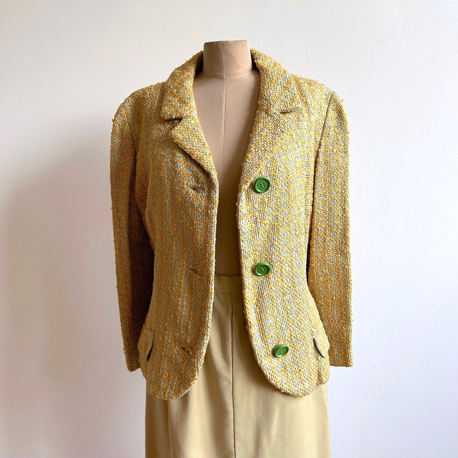 Vintage 1950s Yellow Green Tweed Soft Tailored Blazer Jacket Maisel sz M L 10 12