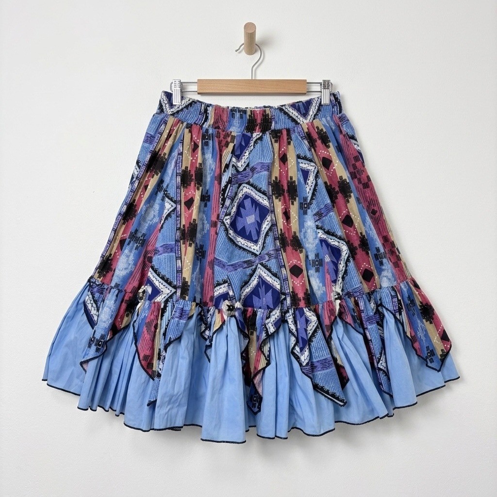 Vtg Western Prairie Skirt M Blue Southwest Aztec Concho Square Dance Full Ruffle