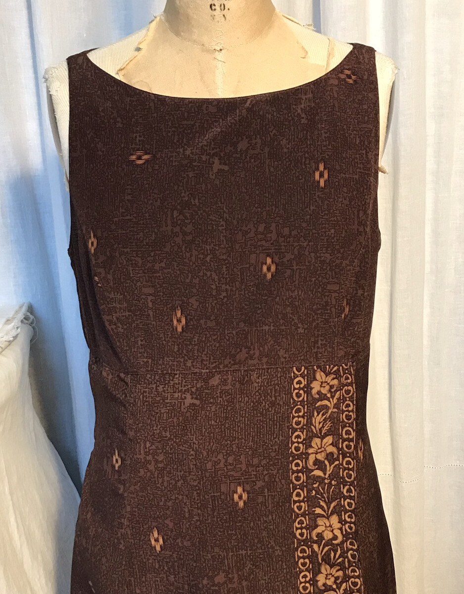 Vintage Kay Unger Brown Print SilkSleeveless Long Dress Sz 10 pre-owned