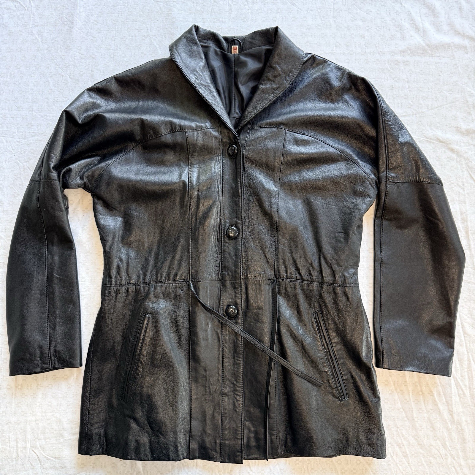 Vintage 80s Black Leather Cinched Waist Jacket Blazer Womens Size 38 Goth Grunge