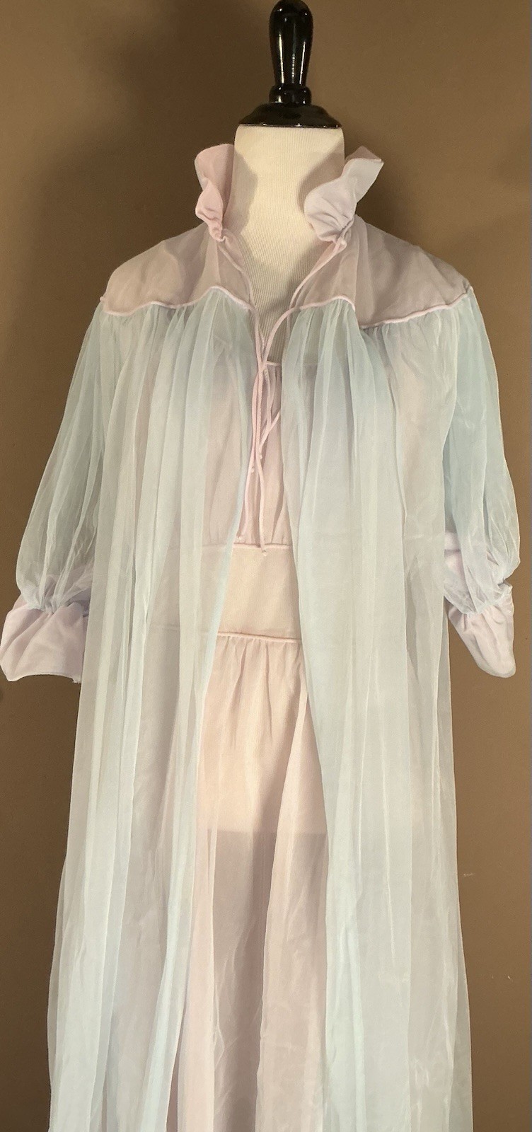 Vintage 60s Pink and Blue Sheer Peignoir Lingerie Robe Gown Set Sz 32